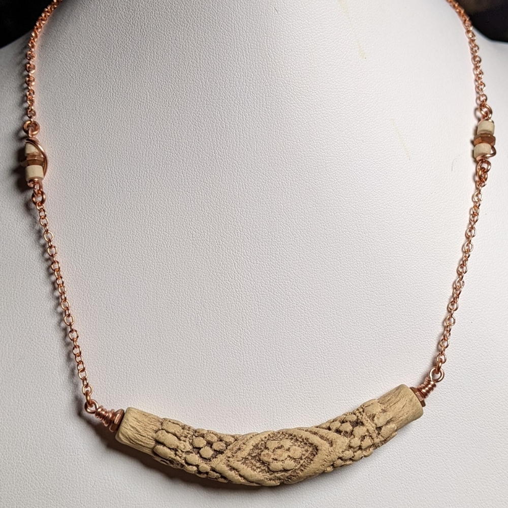 Vintage Embossed Ceramic Bar Necklace Artisan Crafted Jewelry Pure Copper Chain - Picture 15 of 16